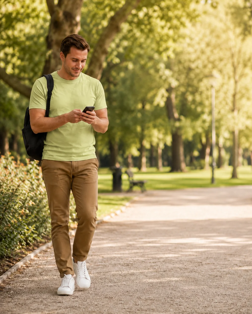Cliente in un parco che chiede consigli al commesso virtuale Smartypilot