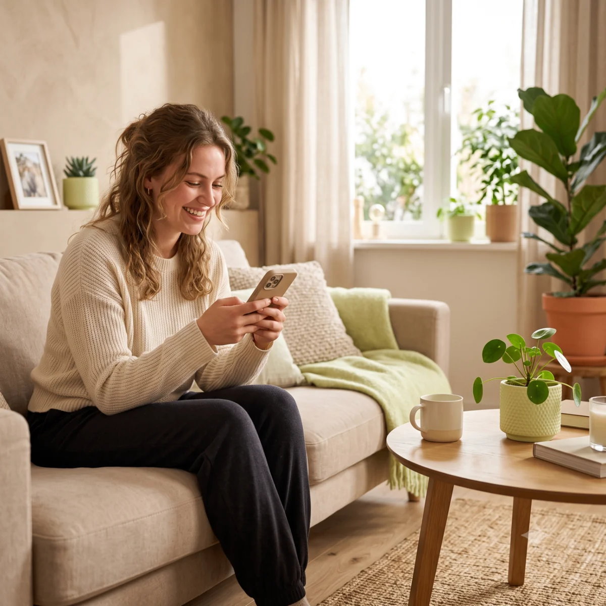 Cliente sorridente che chatta con Smartypilot dallo smartphone