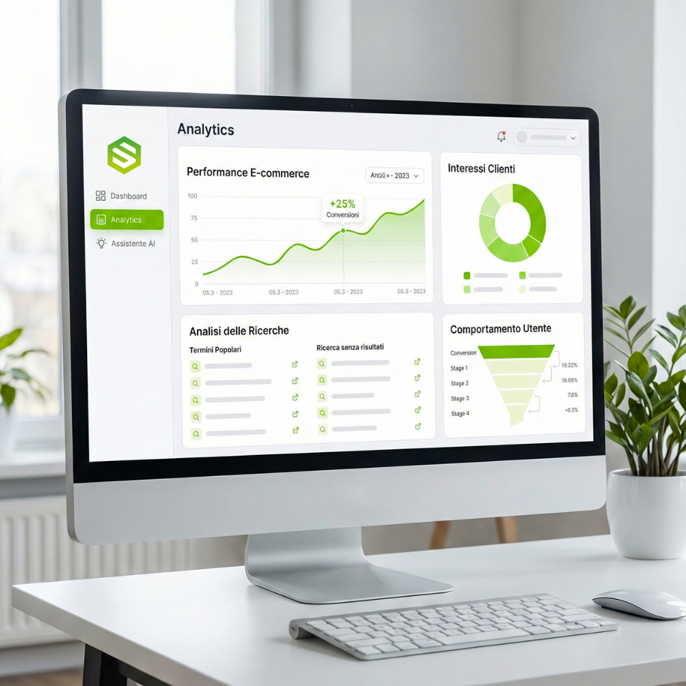 Dashboard analytics con insight ricerca, trend e opportunità AI