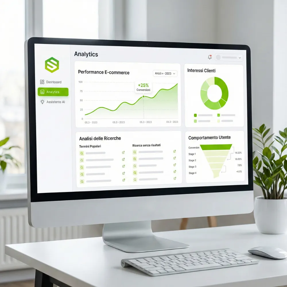 Dashboard analytics con insight ricerca, trend e opportunità AI
