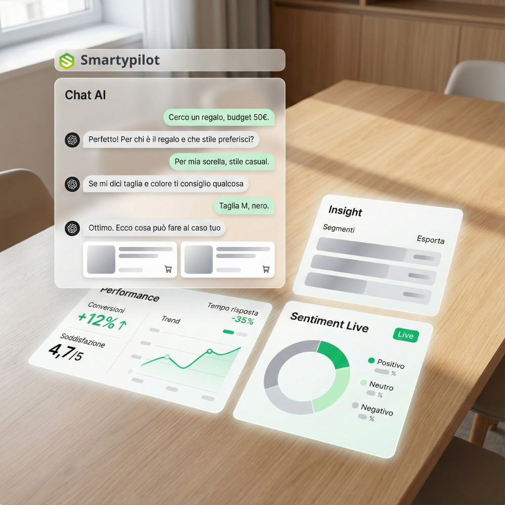 Chatbot AI performance e insight - dashboard con conversioni, sentiment e dati marketing