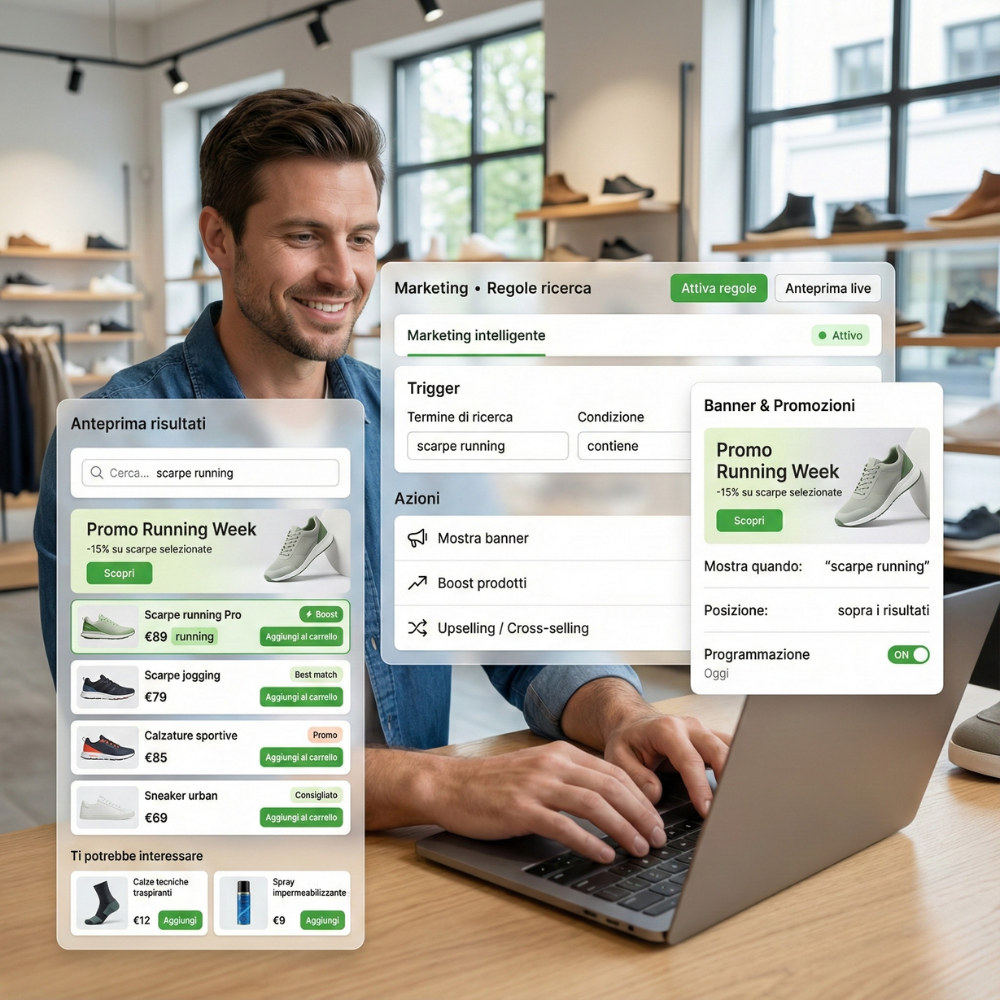 Marketing intelligente - pannello regole di ricerca con banner, promozioni e anteprima risultati per e-commerce