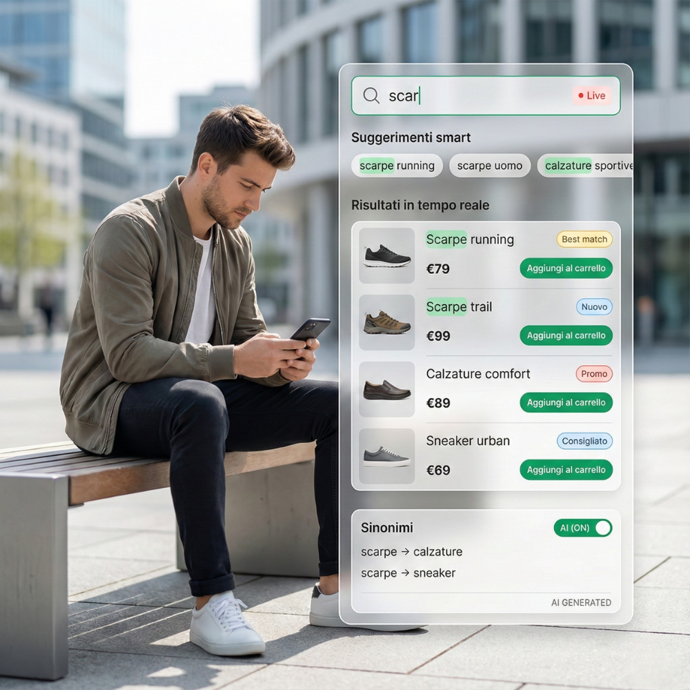 Ricerca intelligente in tempo reale - un utente cerca prodotti sul proprio smartphone con risultati istantanei e suggerimenti smart